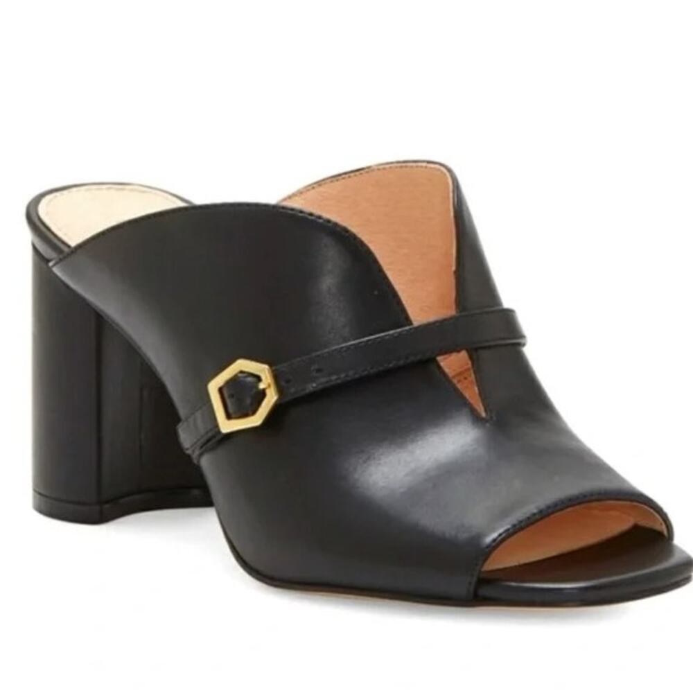 Louise et Cie Kimba Mules Black Leather 8 Block Heel Open Toe Buckle Strap